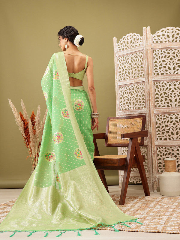 Green Cotton Woven Thread Floral Saree with Unstitched Blouse - Hiral Fashion - Distacart