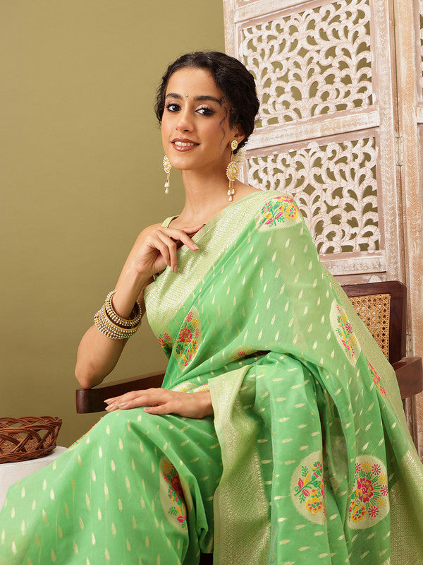 Green Cotton Woven Thread Floral Saree with Unstitched Blouse - Hiral Fashion - Distacart