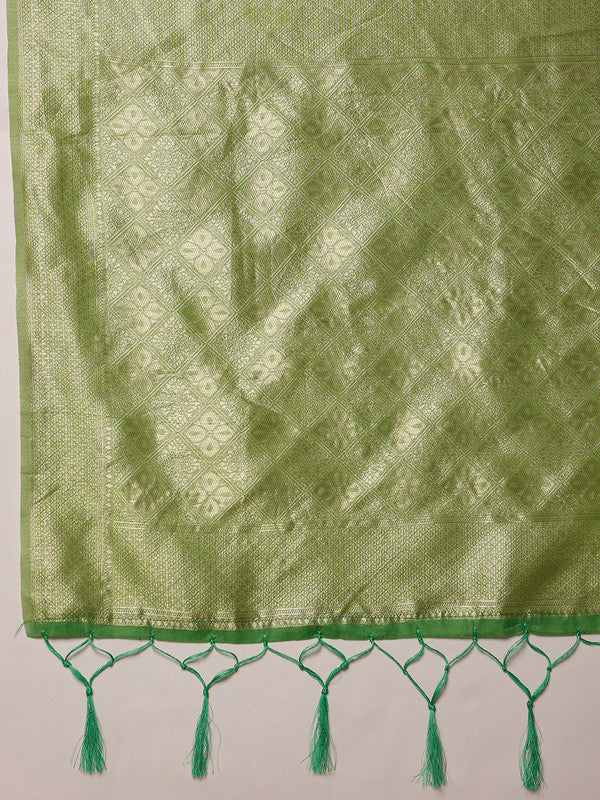 Green Cotton Woven Thread Floral Saree with Unstitched Blouse - Hiral Fashion - Distacart