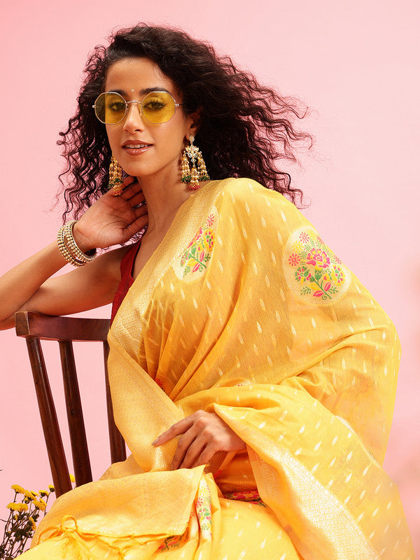 Mustard Cotton Woven Thread Floral Saree with Unstitched Blouse - Hiral Fashion - Distacart
