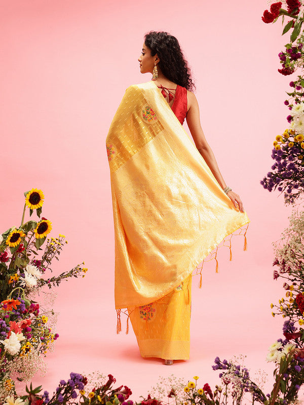 Mustard Cotton Woven Thread Floral Saree with Unstitched Blouse - Hiral Fashion - Distacart