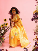 Thumbnail for Mustard Cotton Woven Thread Floral Saree with Unstitched Blouse - Hiral Fashion - Distacart