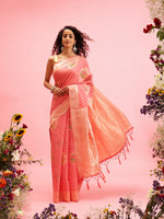 Thumbnail for Pink Cotton Woven Thread Floral Saree with Unstitched Blouse - Hiral Fashion - Distacart