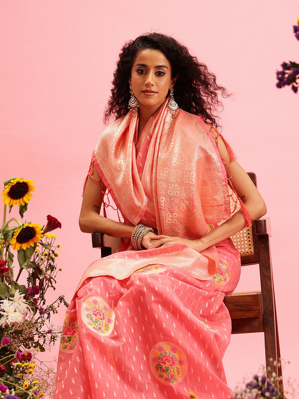 Pink Cotton Woven Thread Floral Saree with Unstitched Blouse - Hiral Fashion - Distacart
