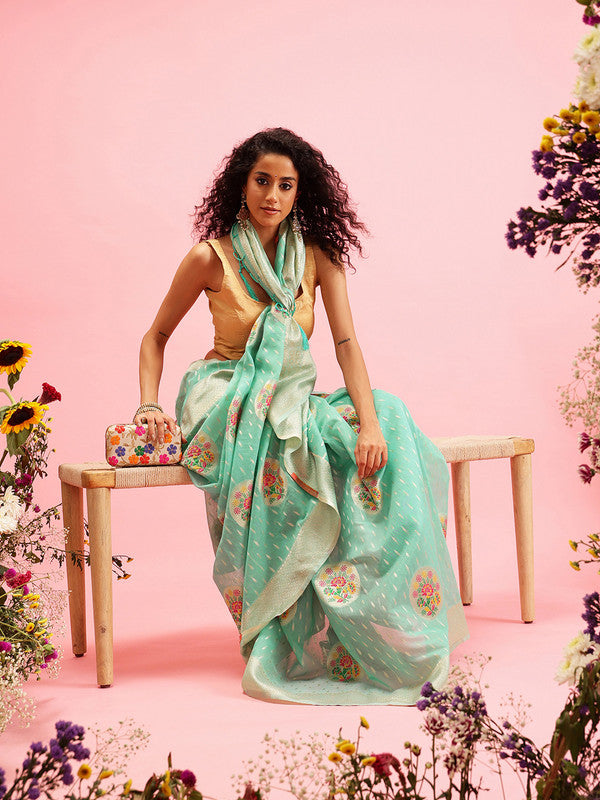 Turquoise Cotton Woven Thread Floral Saree with Unstitched Blouse - Hiral Fashion - Distacart