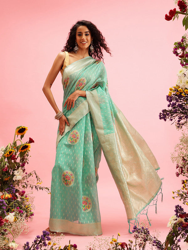 Turquoise Cotton Woven Thread Floral Saree with Unstitched Blouse - Hiral Fashion - Distacart
