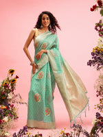 Thumbnail for Turquoise Cotton Woven Thread Floral Saree with Unstitched Blouse - Hiral Fashion - Distacart
