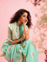 Thumbnail for Turquoise Cotton Woven Thread Floral Saree with Unstitched Blouse - Hiral Fashion - Distacart
