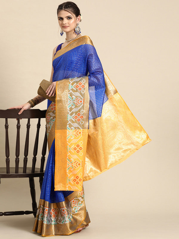 Blue Banarasi Silk Woven Zari Design Checked Saree with Unstitched Blouse - Hiral Fashion - Distacart