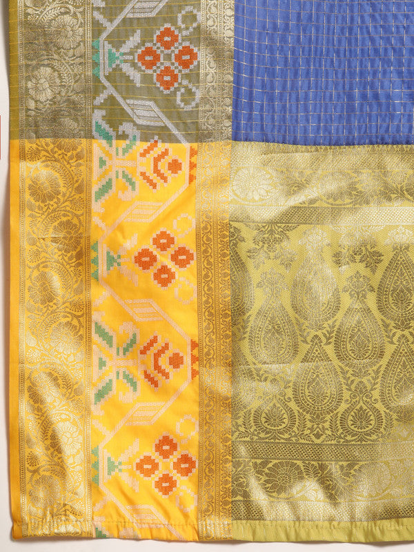 Blue Banarasi Silk Woven Zari Design Checked Saree with Unstitched Blouse - Hiral Fashion - Distacart