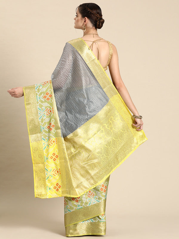Gray Banarasi Silk Woven Zari Design Checked Saree with Unstitched Blouse - Hiral Fashion - Distacart