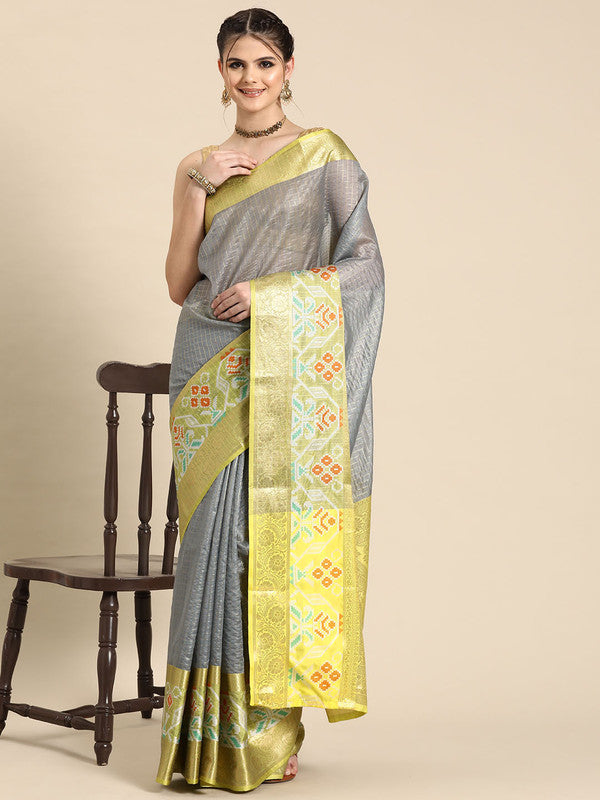 Gray Banarasi Silk Woven Zari Design Checked Saree with Unstitched Blouse - Hiral Fashion - Distacart