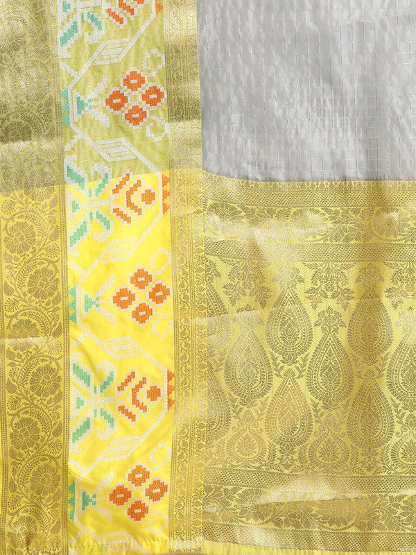 Gray Banarasi Silk Woven Zari Design Checked Saree with Unstitched Blouse - Hiral Fashion - Distacart