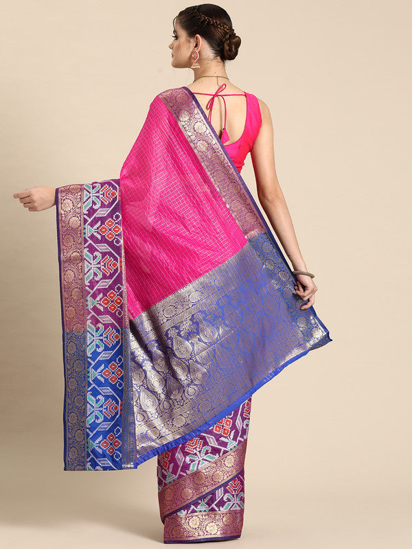 Pink Banarasi Silk Woven Zari Design Checked Saree with Unstitched Blouse - Hiral Fashion - Distacart