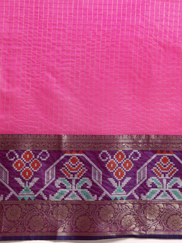 Pink Banarasi Silk Woven Zari Design Checked Saree with Unstitched Blouse - Hiral Fashion - Distacart