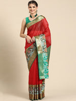 Thumbnail for Red Banarasi Silk Woven Zari Design Checked Saree with Unstitched Blouse - Hiral Fashion - Distacart