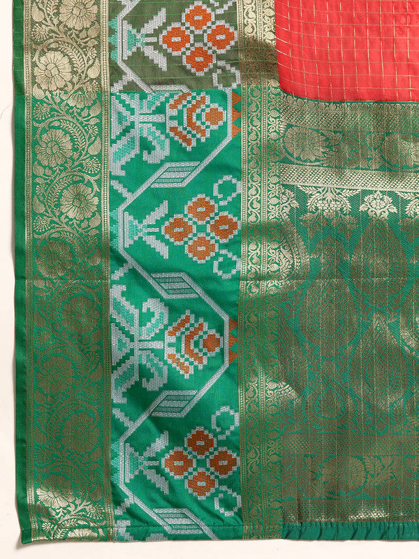 Red Banarasi Silk Woven Zari Design Checked Saree with Unstitched Blouse - Hiral Fashion - Distacart