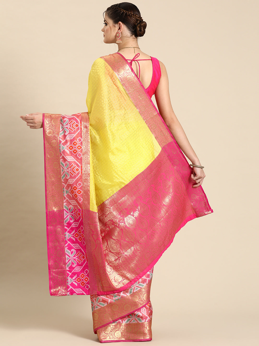 Yellow Banarasi Silk Woven Zari Design Checked Saree with Unstitched Blouse - Hiral Fashion - Distacart