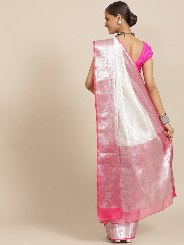 White Silk Blend Woven Zari Design Polka Dots Saree with Unstitched Blouse - Hiral Fashion - Distacart