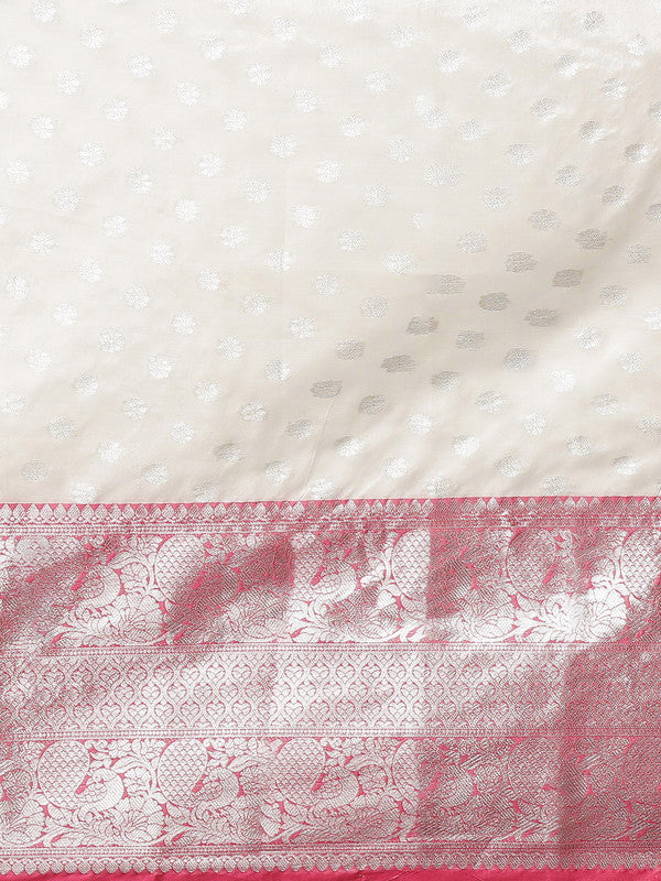 White Silk Blend Woven Zari Design Polka Dots Saree with Unstitched Blouse - Hiral Fashion - Distacart