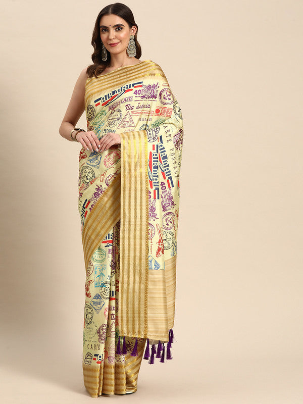 Beige Art Silk Printed Embellished Saree with Unstitched Blouse - Hiral Fashion - Distacart