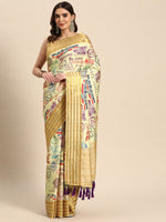 Thumbnail for Beige Art Silk Printed Embellished Saree with Unstitched Blouse - Hiral Fashion - Distacart