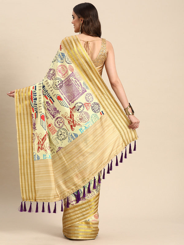 Beige Art Silk Printed Embellished Saree with Unstitched Blouse - Hiral Fashion - Distacart