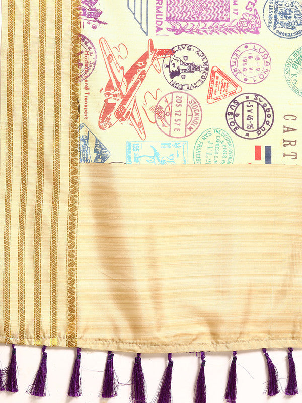 Beige Art Silk Printed Embellished Saree with Unstitched Blouse - Hiral Fashion - Distacart