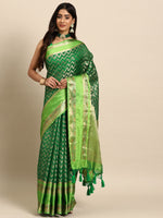 Thumbnail for Green Silk Blend Woven Zari Design Abstract Saree with Unstitched Blouse - Hiral Fashion - Distacart