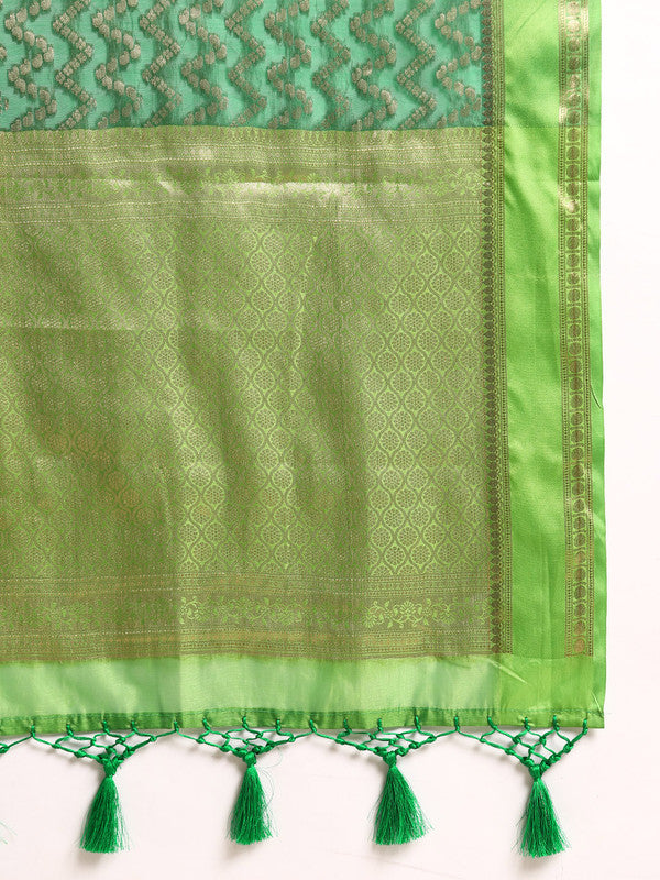 Green Silk Blend Woven Zari Design Abstract Saree with Unstitched Blouse - Hiral Fashion - Distacart