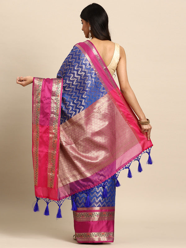 Navy Blue Silk Blend Woven Zari Design Abstract Saree with Unstitched Blouse - Hiral Fashion - Distacart