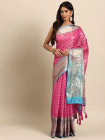 Thumbnail for Pink Silk Blend Woven Zari Design Abstract Saree with Unstitched Blouse - Hiral Fashion - Distacart
