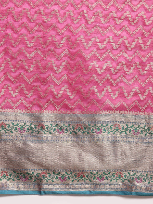 Pink Silk Blend Woven Zari Design Abstract Saree with Unstitched Blouse - Hiral Fashion - Distacart