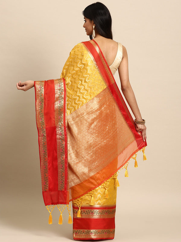 Yellow Silk Blend Woven Zari Design Abstract Saree with Unstitched Blouse - Hiral Fashion - Distacart