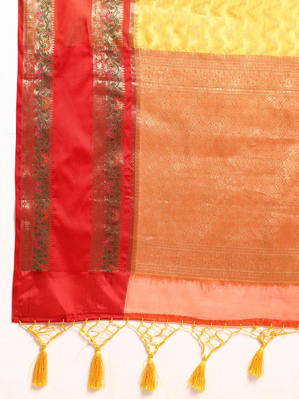 Yellow Silk Blend Woven Zari Design Abstract Saree with Unstitched Blouse - Hiral Fashion - Distacart