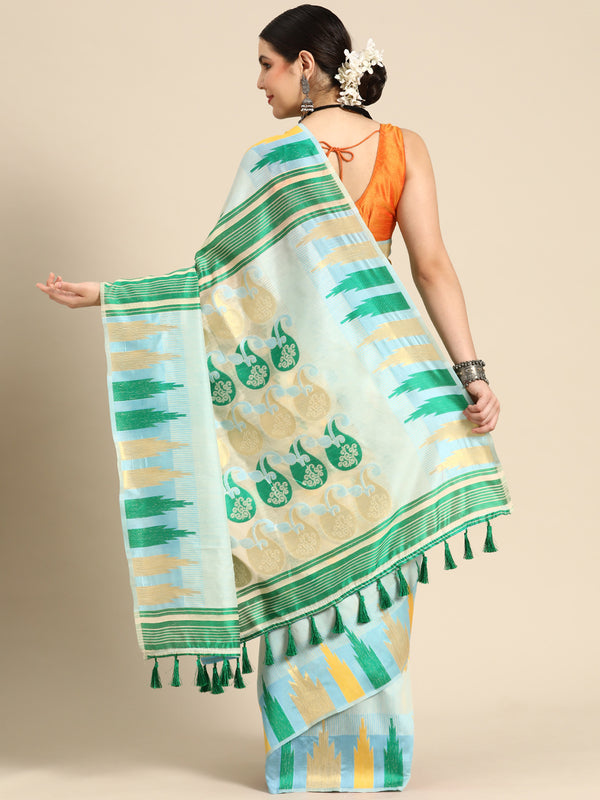 Blue Pure Cotton Woven Zari Design Floral Saree with Unstitched Blouse - Hiral Fashion - Distacart