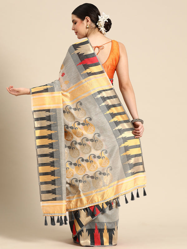 Gray Pure Cotton Woven Zari Design Floral Saree with Unstitched Blouse - Hiral Fashion - Distacart