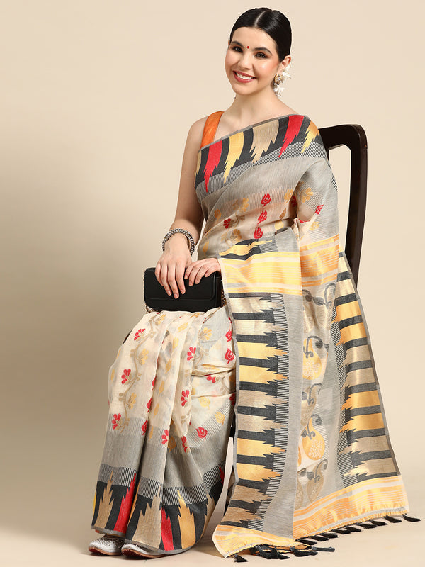 Gray Pure Cotton Woven Zari Design Floral Saree with Unstitched Blouse - Hiral Fashion - Distacart