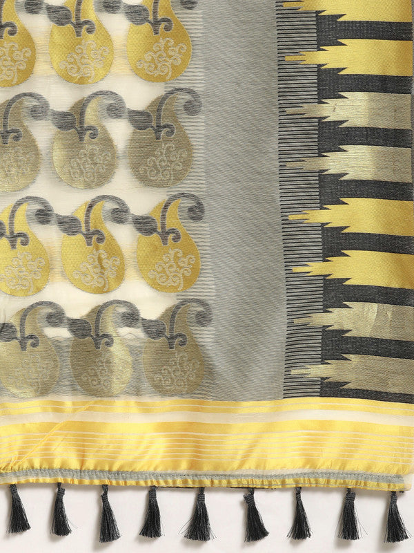 Gray Pure Cotton Woven Zari Design Floral Saree with Unstitched Blouse - Hiral Fashion - Distacart