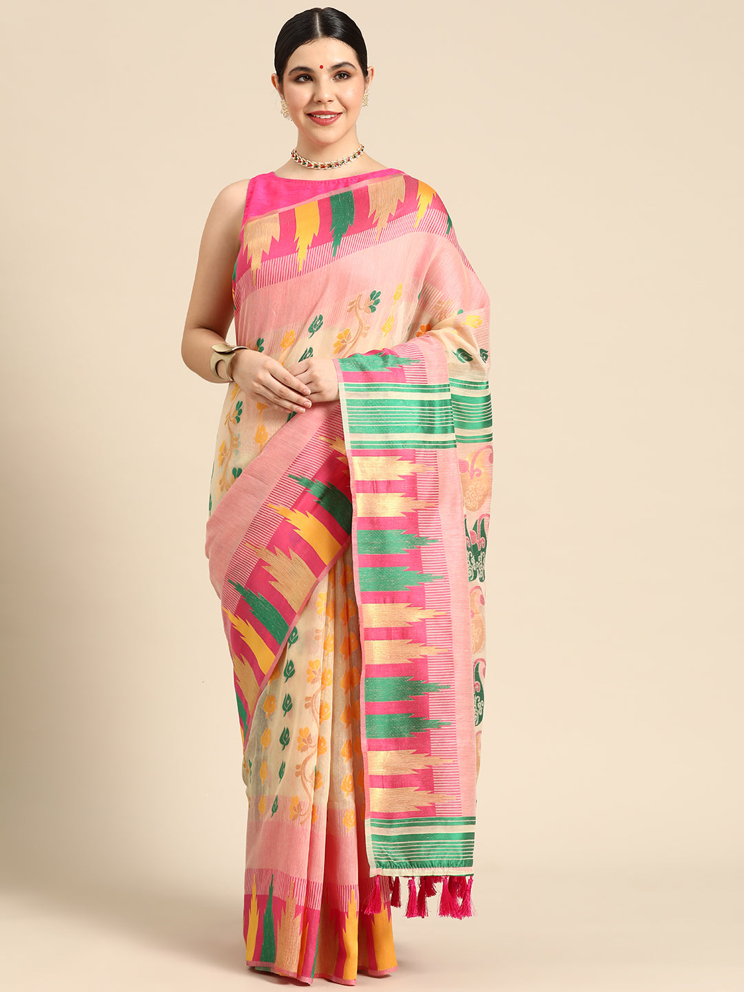 Pink Pure Cotton Woven Zari Design Floral Saree with Unstitched Blouse - Hiral Fashion - Distacart
