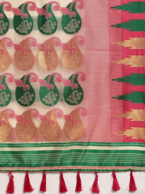 Pink Pure Cotton Woven Zari Design Floral Saree with Unstitched Blouse - Hiral Fashion - Distacart