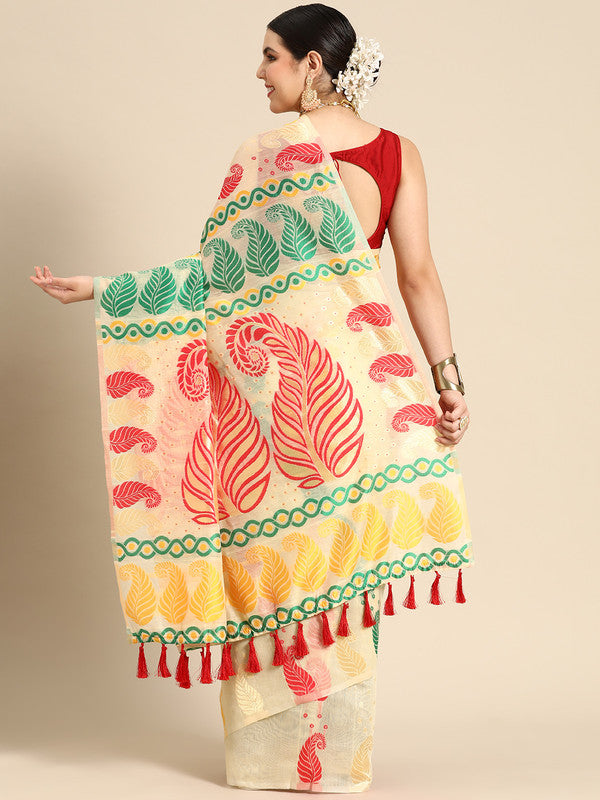 Beige Pure Cotton Woven Zari Design Paisley Saree with Unstitched Blouse - Hiral Fashion - Distacart