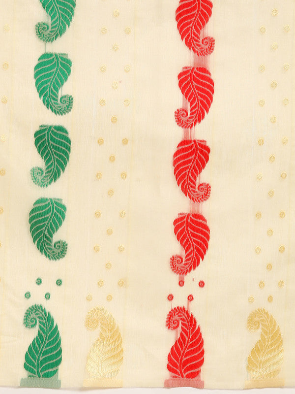 Beige Pure Cotton Woven Zari Design Paisley Saree with Unstitched Blouse - Hiral Fashion - Distacart