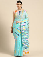 Thumbnail for Turquoise Pure Cotton Woven Zari Design Geomatric Saree with Unstitched Blouse - Hiral Fashion - Distacart