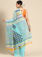 Thumbnail for Turquoise Pure Cotton Woven Zari Design Geomatric Saree with Unstitched Blouse - Hiral Fashion - Distacart