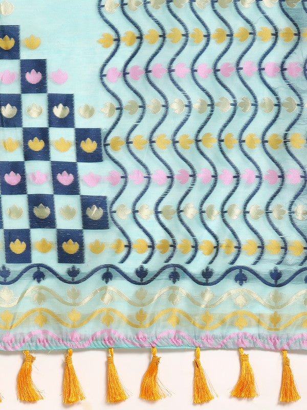 Turquoise Pure Cotton Woven Zari Design Geomatric Saree with Unstitched Blouse - Hiral Fashion - Distacart