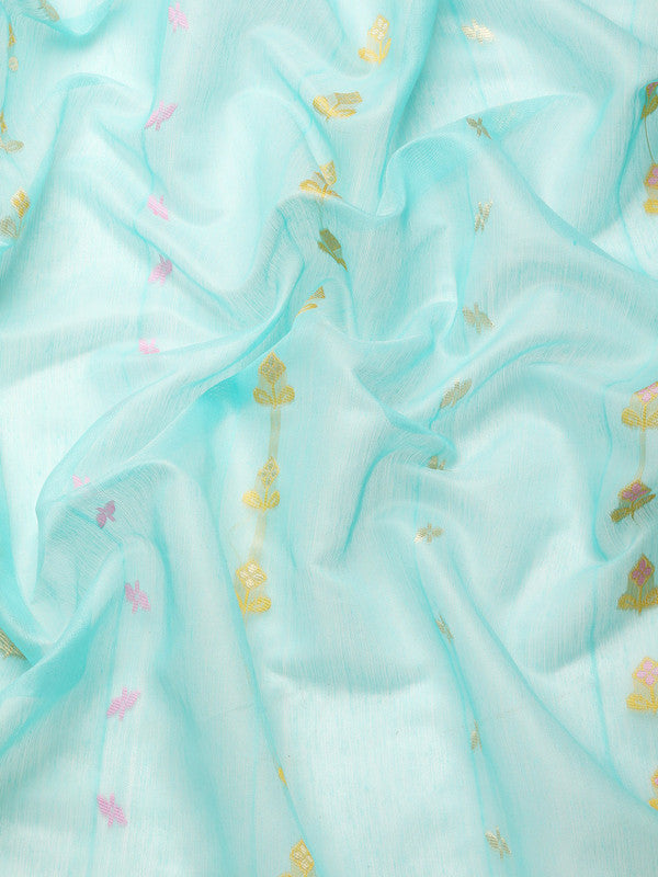 Turquoise Pure Cotton Woven Zari Design Geomatric Saree with Unstitched Blouse - Hiral Fashion - Distacart