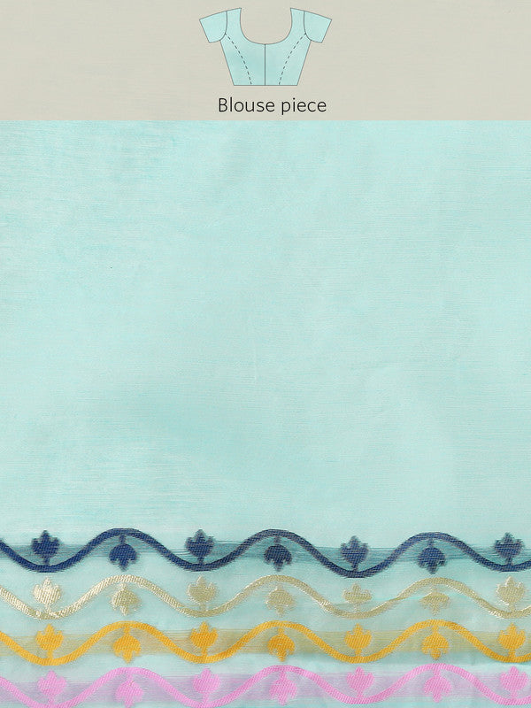 Turquoise Pure Cotton Woven Zari Design Geomatric Saree with Unstitched Blouse - Hiral Fashion - Distacart