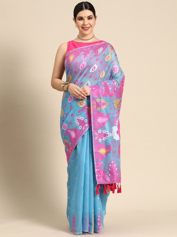 Blue Pure Cotton Woven Zari Design Paisley Saree with Unstitched Blouse - Hiral Fashion - Distacart