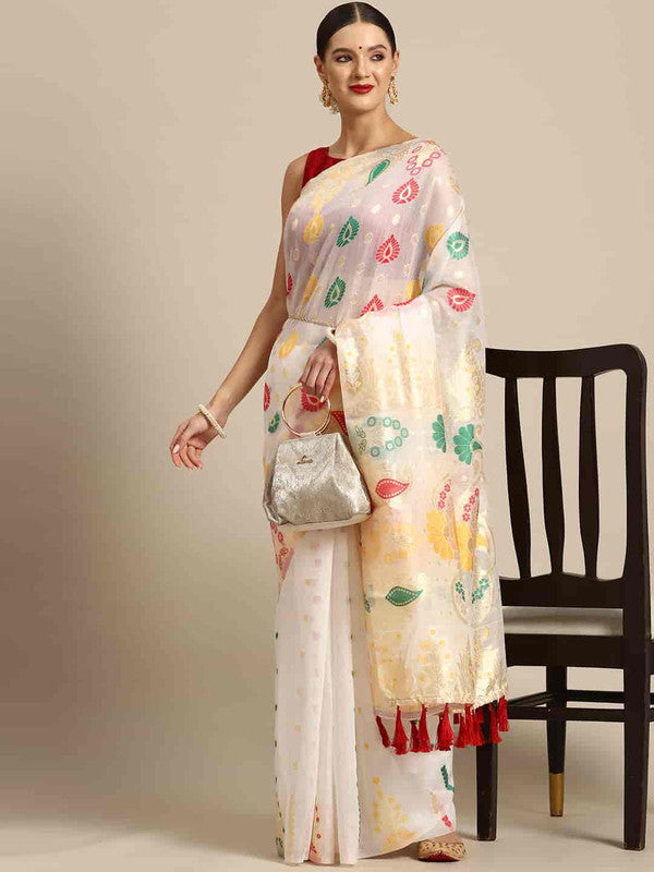 White Pure Cotton Woven Zari Design Paisley Saree with Unstitched Blouse - Hiral Fashion - Distacart